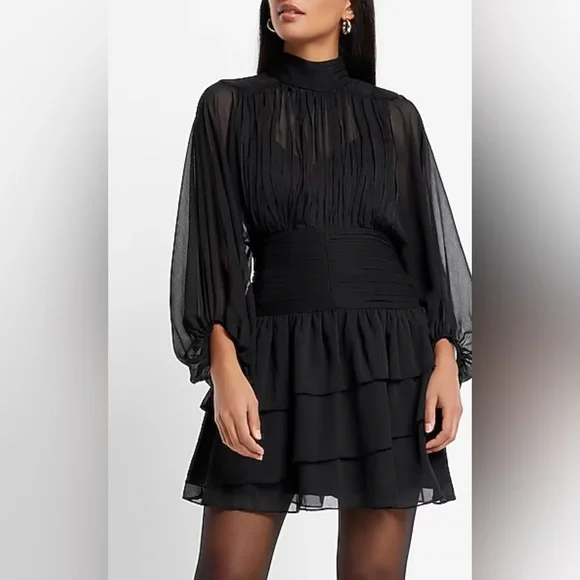Express | Dresses | Express Mock Neck Sleeve Pleated Waist Tiered Ruffle  Mini Dress | Poshmark